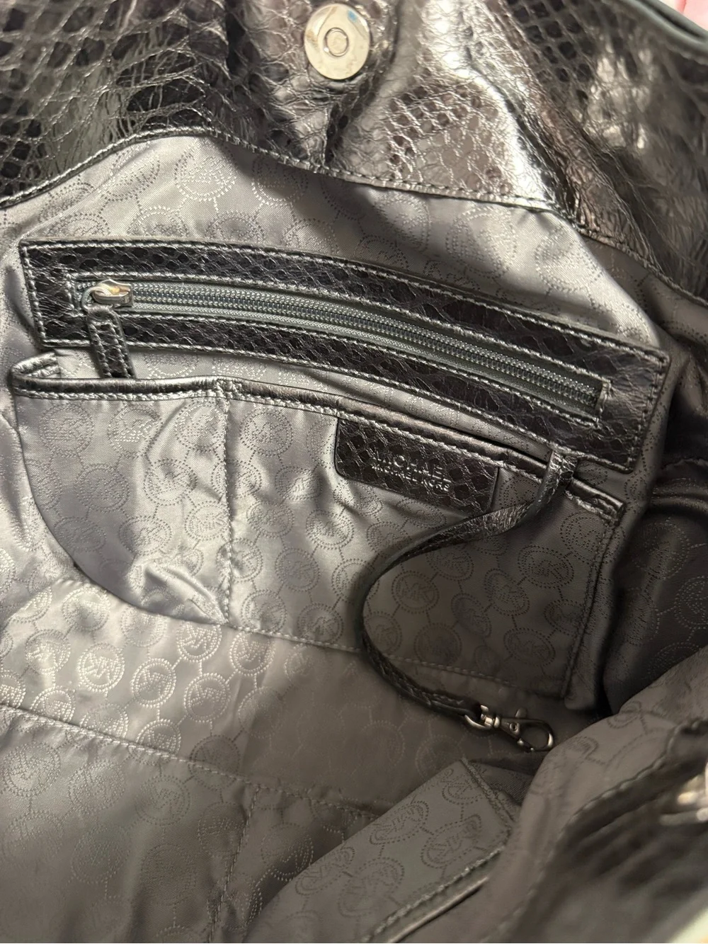 Michael Kors Metallic Black Snake-Embossed Shoulder Bag WITH matching Wallet